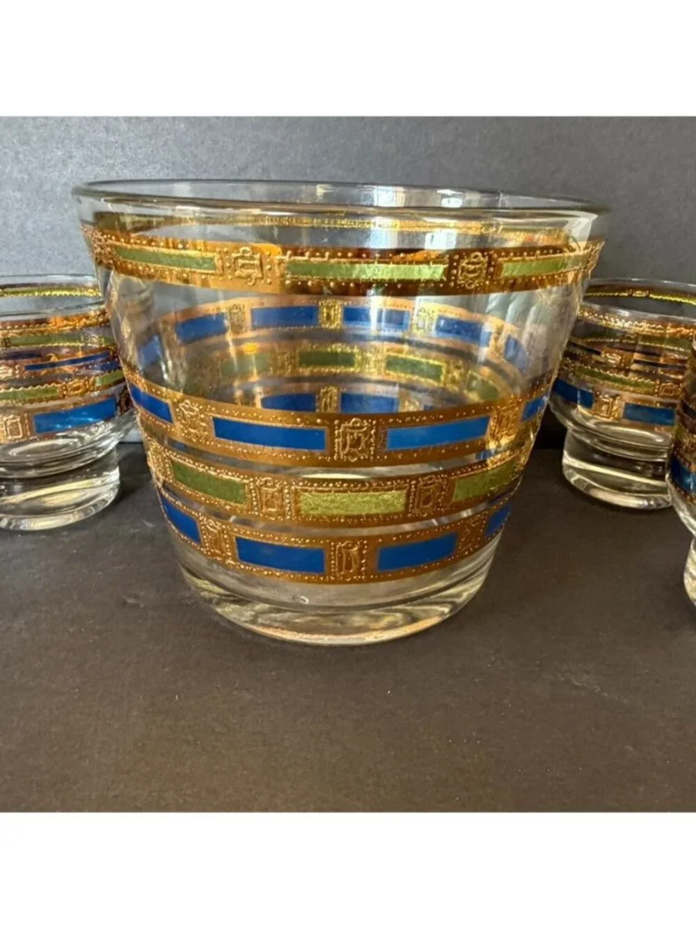 MCM Culver Empress 6-Piece Footed Whiskey & Ice Bucket Set 22kt Gold Blue Green